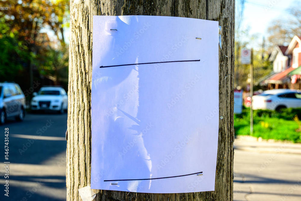 Fotografie Blank handbill stapled to a wooden utility pole out of focus street scene in background room for text white paper 8