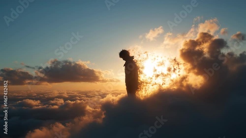 Surreal silhouette of a person dissolving into clouds and golden light at sunset. Concept of transformation, fading identity, and ephemeral human existence