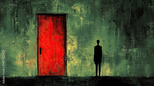 A solitary figure before a vibrant red door in a textured, shadowy room