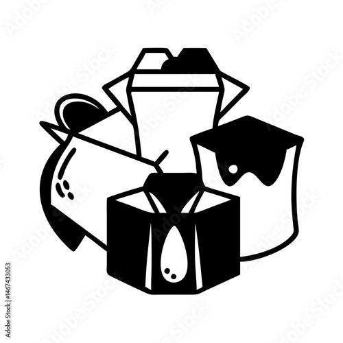 Illustration of various food containers including takeout boxes and dessert cups