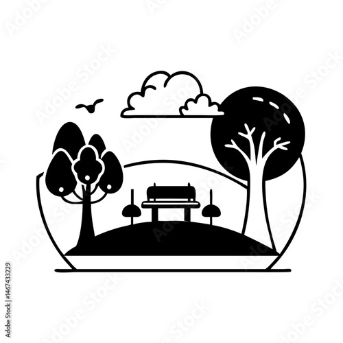 Stylized park scene with a bench, trees, cloud, and bird in black and white