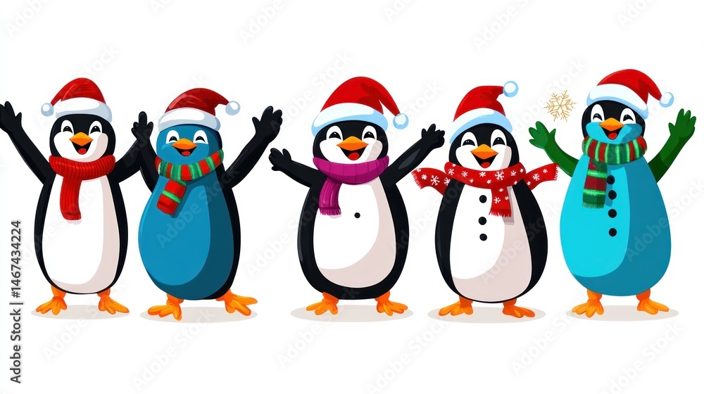 Fototapeta premium Cheerful penguins celebrate winter, festive hats, scarves