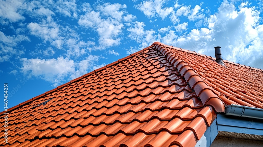 Bright Orange Roof Tiles Under a Clear Blue Sky with White Clouds Bright Orange Roof Tiles Under a Clear Blue Sky with White Clouds