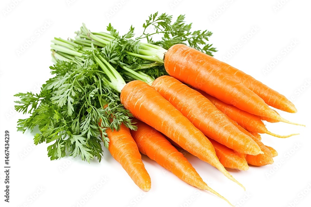 A fresh bunch of organic carrots with their leafy greens intact, isolated on a white background A fresh bunch of organic carrots with their leafy greens intact, isolated on a white background