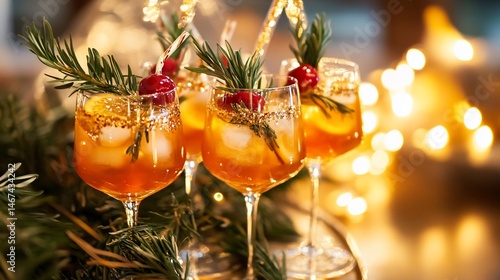 Festive holiday aperol spritz cocktails with rosemary and golden decorations