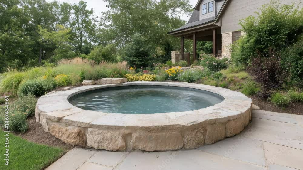 Serene outdoor garden featuring circular stone hot tub for ultimate relaxation and landscaping Serene outdoor garden featuring circular stone hot tub for ultimate relaxation and landscaping
