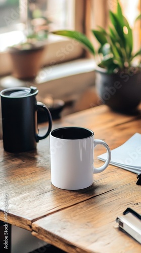 Wallpaper Mural Minimalist Coffee Mugs on Wooden Table with Natural Light and Greenery Torontodigital.ca
