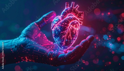 A cyber hand displaying a floating digital heart, transparent and filled with glowing circuits
