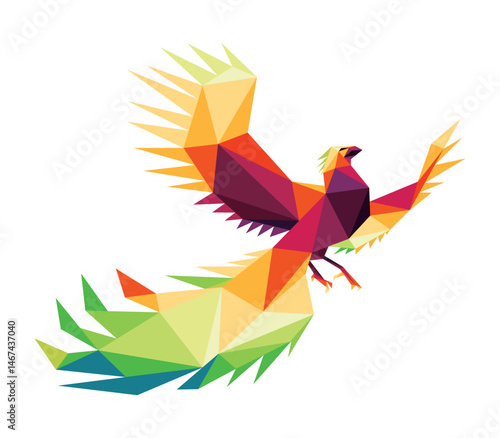 Flying Phoenix in Colorful Polygon. Colorful Low Poly Abstract of beautiful Bird. Flying Phoenix colorful logo.