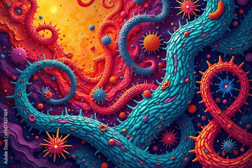 Intricate interwoven organic shapes, bold colors, modern, bold, floral