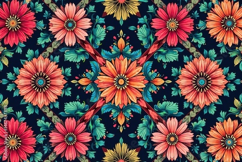 Intricate floral motifs within a bold geometric grid , elegant, abstract