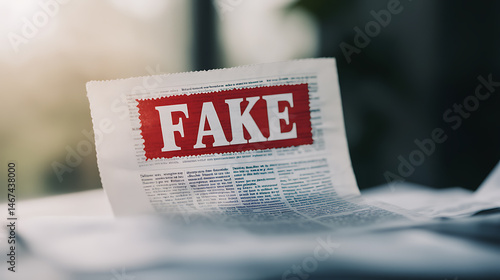 Fake news headline. A news publication marked with a red seal indicating falsified information, with the word 'FAKE'. Information integrity and truth.