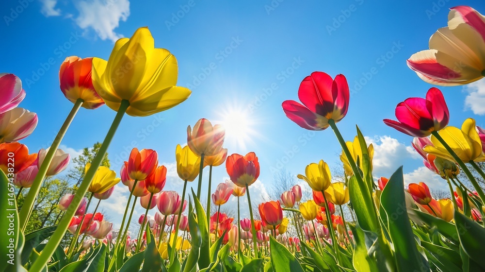 Fototapeta premium Vibrant tulip garden basking under a sunny sky creating spring brilliance