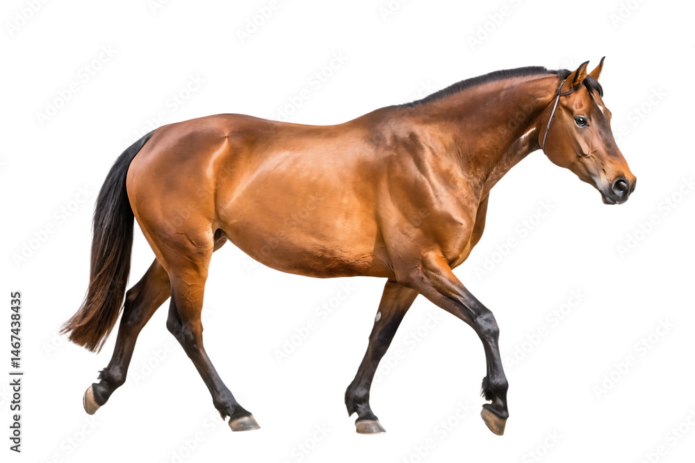 Obraz premium A majestic brown horse with a shiny coat walks forward isolated on white background 
