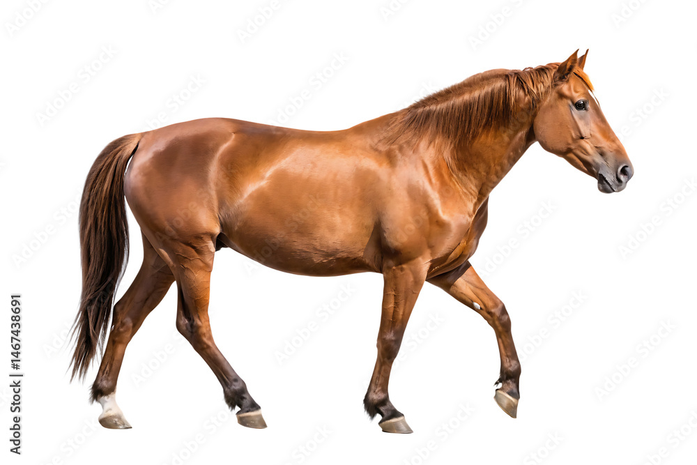 Fototapeta premium A majestic brown horse with a shiny coat walks forward isolated on white background