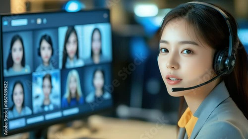 A woman participates in a virtual conference, engaging with others through an online platform
