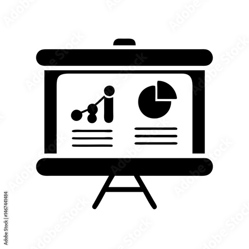 Presentation board with trend line chart and pie chart for statistical analysis