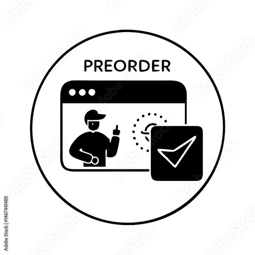 Preorder web tutorial with a man on screen indicating a checkmark button