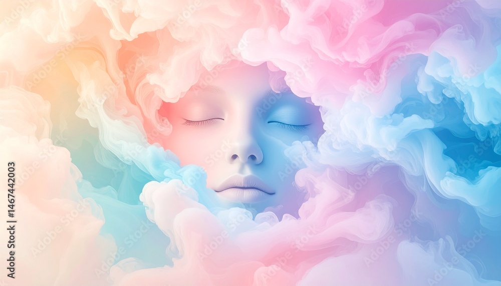 abstract background of a woman with closed eyes, surrounded by dreamy soft pastel colored clouds. abstract background of a woman with closed eyes, surrounded by dreamy soft pastel colored clouds.