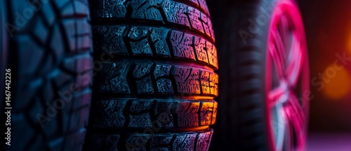 Wallpaper Mural New car tires show tread detail and wheel with colorful glowing background Torontodigital.ca