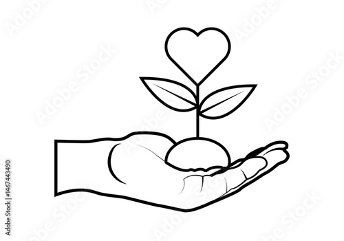 Icono negro de mano ofreciendo planta con corazón