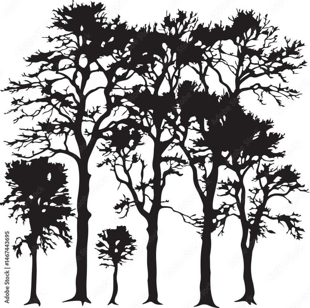 Obraz premium Silhouette Forest Trees Black and White Nature Landscape Art Illustration