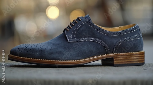 Navy blue suede derby shoe.  Detailed craftsmanship