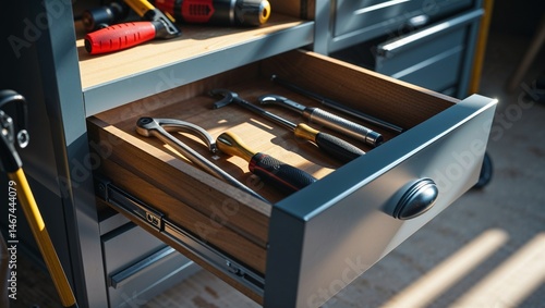 Photorealistic image of a drawer left ajar with tools