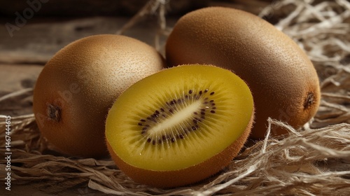 Captivating still life composition of gold kiwifruit variety with textured backdrop