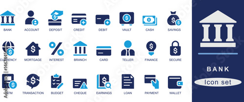 Bank icon set. Minimalist line art bank icon set featuring finance, credit, ATM, savings, investment, wallet, cash, security, and digital banking symbols.
