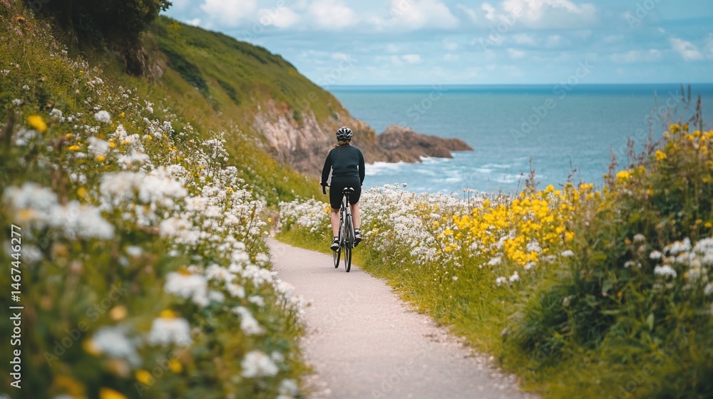 Coastal Cycling Adventure: Woman on Bike by Oceanside Wildflowers Coastal Cycling Adventure: Woman on Bike by Oceanside Wildflowers