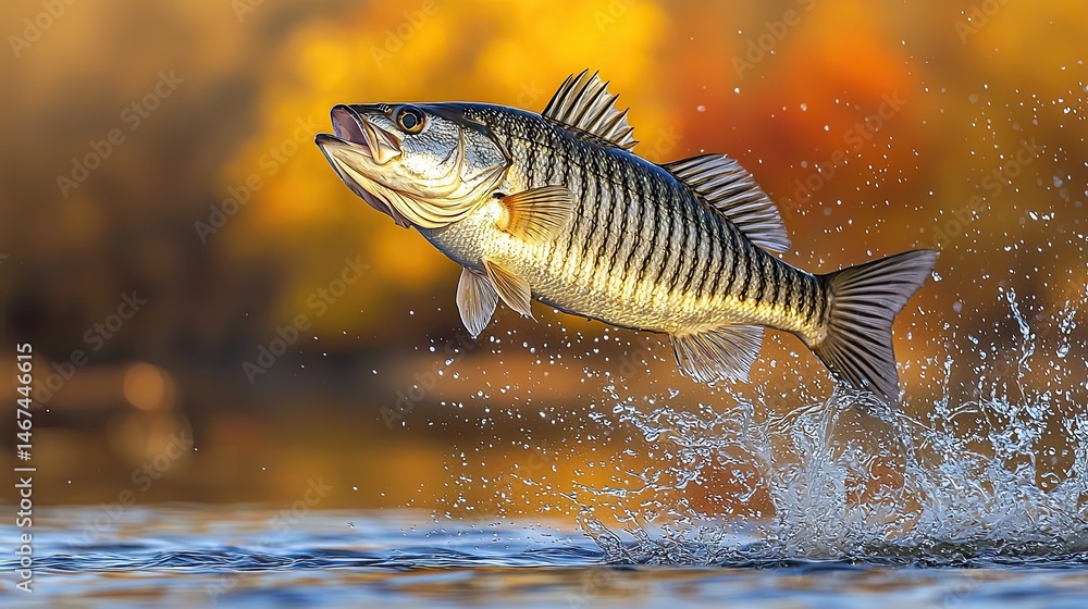 Striped fish leaping from water. Autumnal backdrop Striped fish leaping from water. Autumnal backdrop