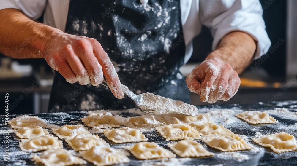 Chef preparing homemade ravioli pasta dusted with flour on a work surface Chef preparing homemade ravioli pasta dusted with flour on a work surface