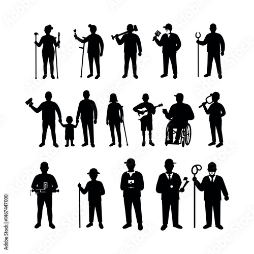 set of silhouettes of people from different professions