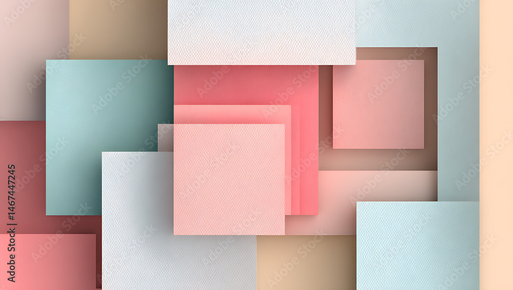Fototapeta premium Abstract pastel square shapes overlap in a layered design. Soft colors create a calming mood.