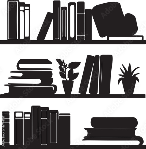 Silhouette Bookshelf Illustration: Black and White Books, Plants, and Decor