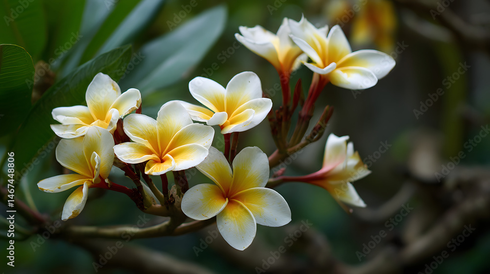 Naklejka premium White frangipani flowers with yellow and red highlights, dark blue background, vibrant colors
