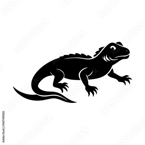 Stylized black lizard illustration with curled tail and cartoonish facial features