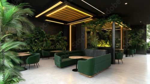 A stylish interior featuring lush greenery, modern furniture, and warm lighting creates a serene ambiance, perfect for cafes, restaurants, or lounges aiming for a contemporary and inviting atmosphere