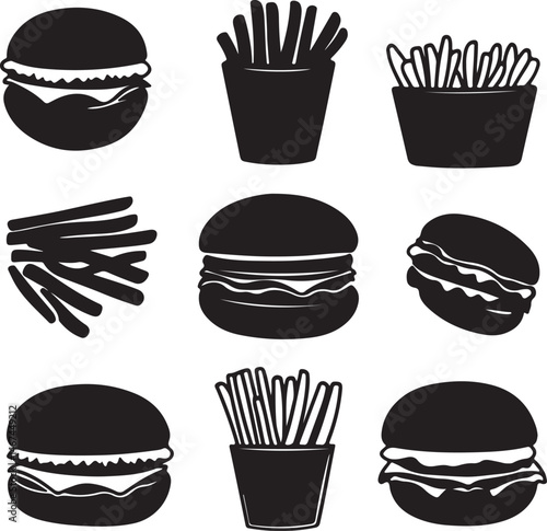 Black and White Fast Food Icons: Burgers and French Fries Silhouettes Vector
