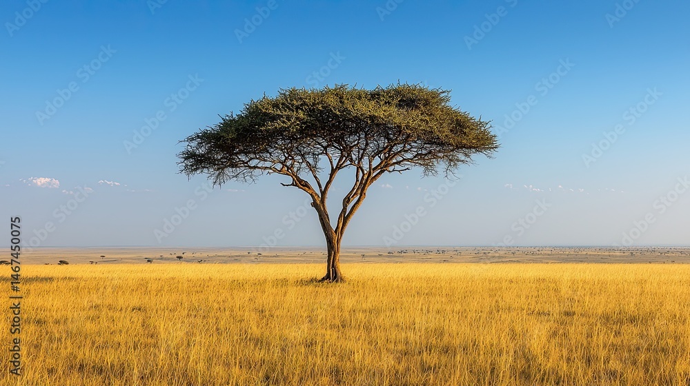 Lonely acacia tree in vast golden savanna Lonely acacia tree in vast golden savanna
