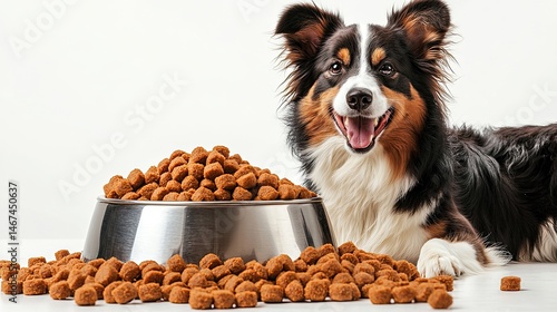 Happy dog with a full bowl of food