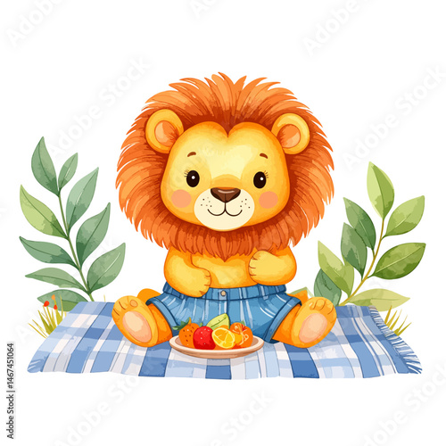 Cute lion sitting on a picnic blanket, eating fruit, wearing summer clothes, watercolor boho 