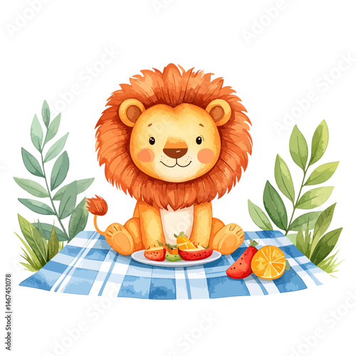 Cute lion sitting on a picnic blanket, eating fruit, wearing summer clothes, watercolor boho