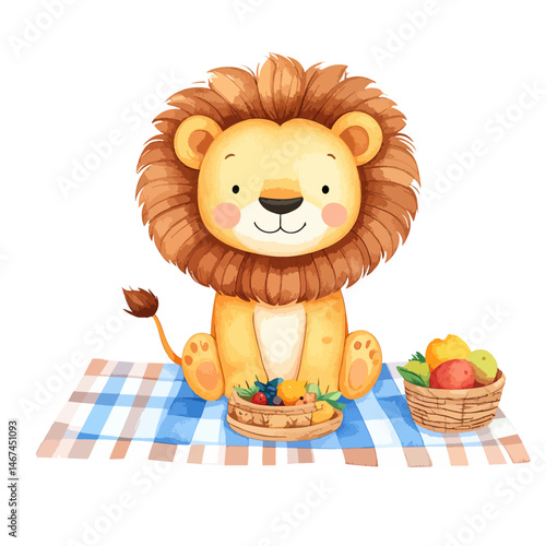 Cute lion sitting on a picnic blanket, eating fruit, wearing summer clothes, watercolor boho 