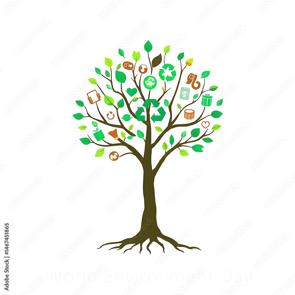 Fototapeta premium Minimalist illustration of a tree with digital leaves made of recycled icons, symbolizing World Environment Day, clean design on white background