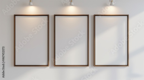 Maqueta de marco de póster de cuadro 3D colgado en pared blanca