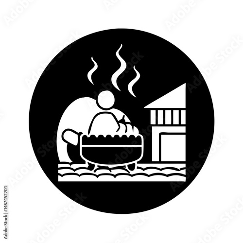 Monochrome depiction of a traditional Japanese Onsen experience inside a black circle