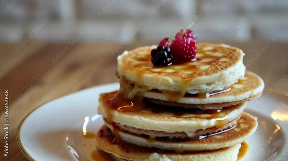 A white plate holds a delicious stack of homemade pancakes with sweet chocolate and maple syrup, a perfect breakfast or dessert A white plate holds a delicious stack of homemade pancakes with sweet chocolate and maple syrup, a perfect breakfast or dessert