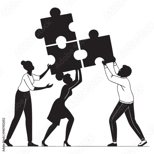 Business Teamwork concept. Contemporary flat style abstract vector illustration of a company of diverse people putting together 
a huge puzzle details.